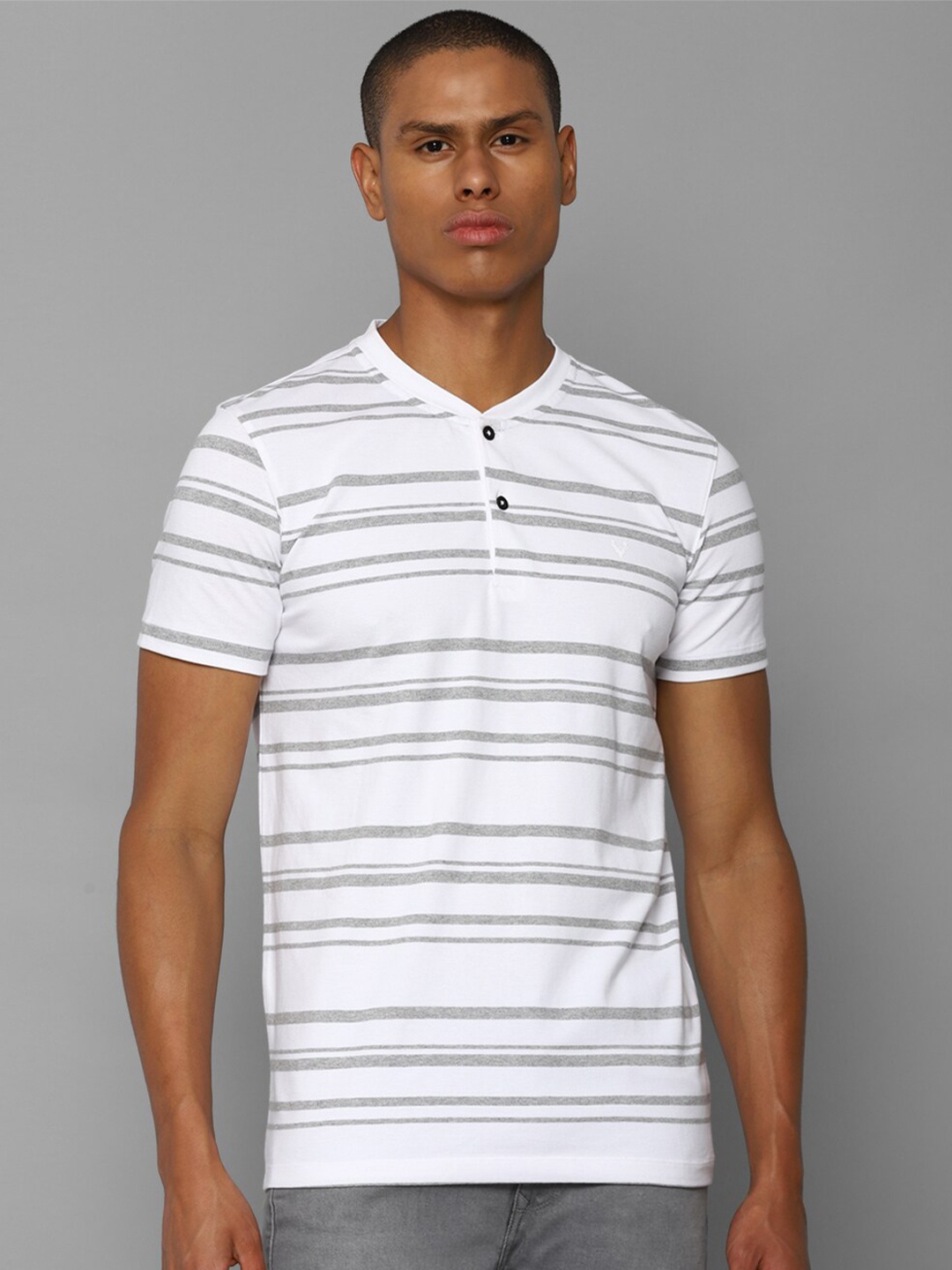 

Allen Solly Sport Men White Striped Henley Neck Pure Cotton T-shirt