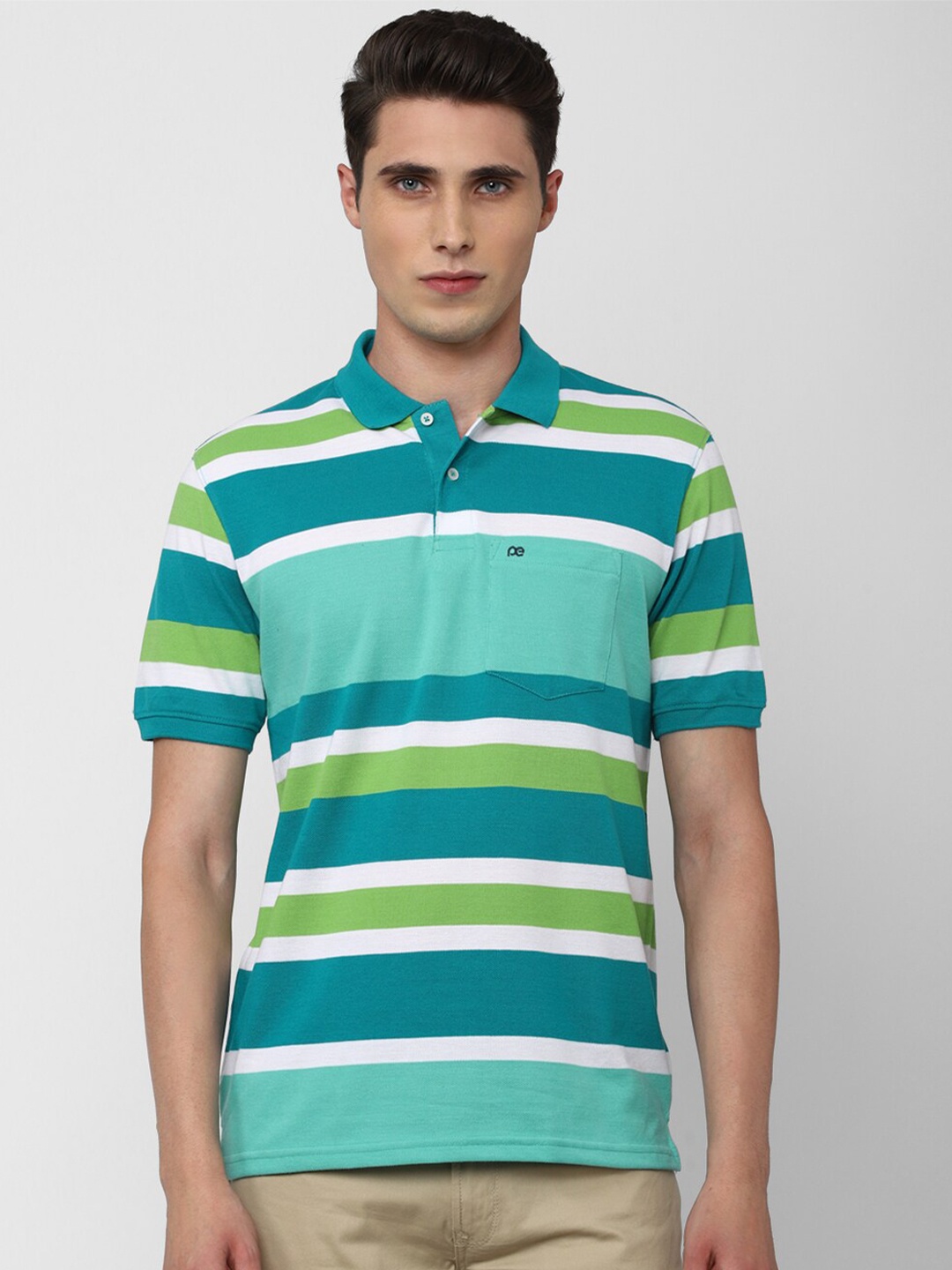 

Peter England Casuals Men Green & White Striped Polo Collar T-shirt