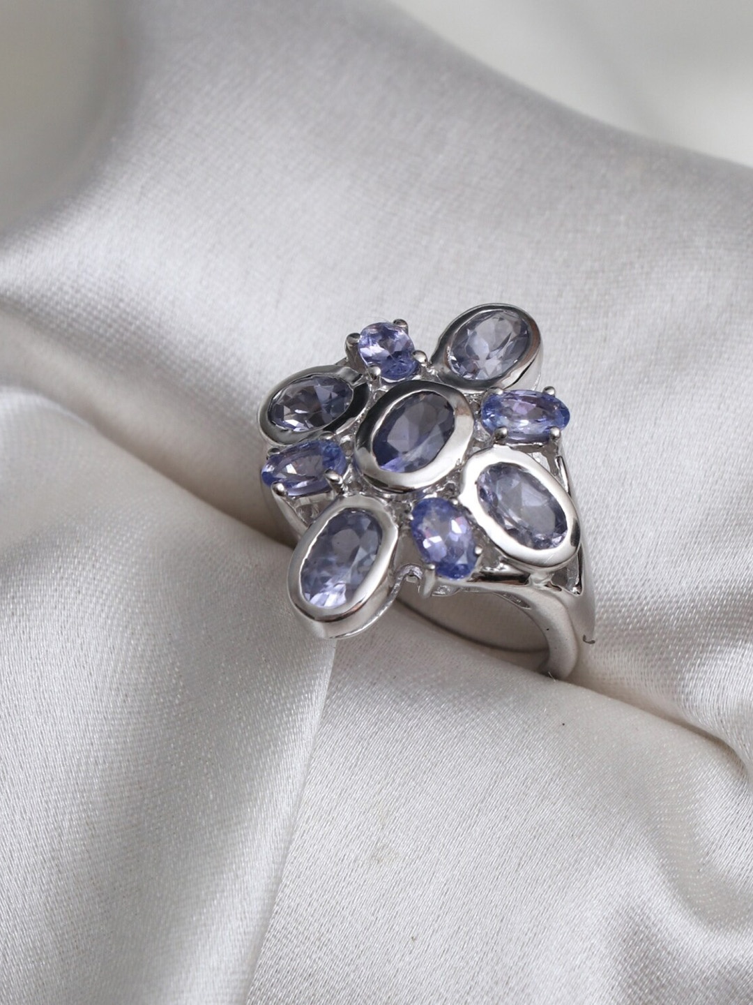 

HIFLYER JEWELS Sterling Sliver Rhodium-Plated & Purple Stone-Studded Ring, Silver