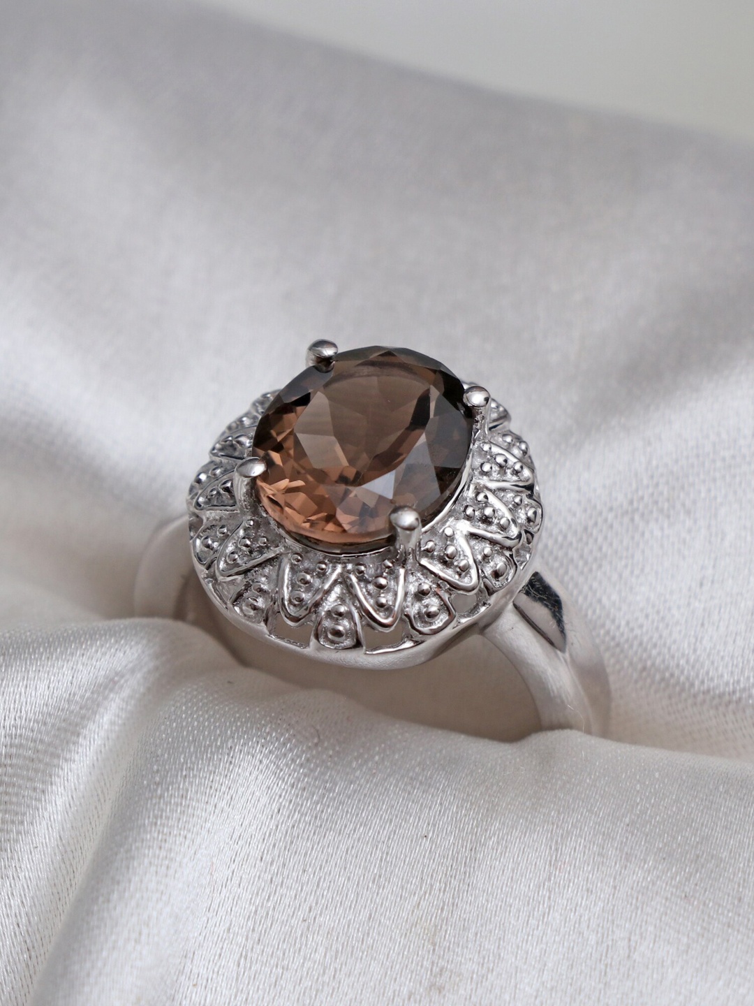 

HIFLYER JEWELS 925 Sterling Silver Rhodium-Plated Silver-Toned White & Brown Quartz-Studded Finger Ring