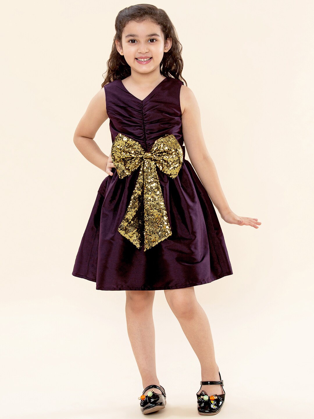 

A T U N Burgundy & Gold-Toned Sequined Party Dress