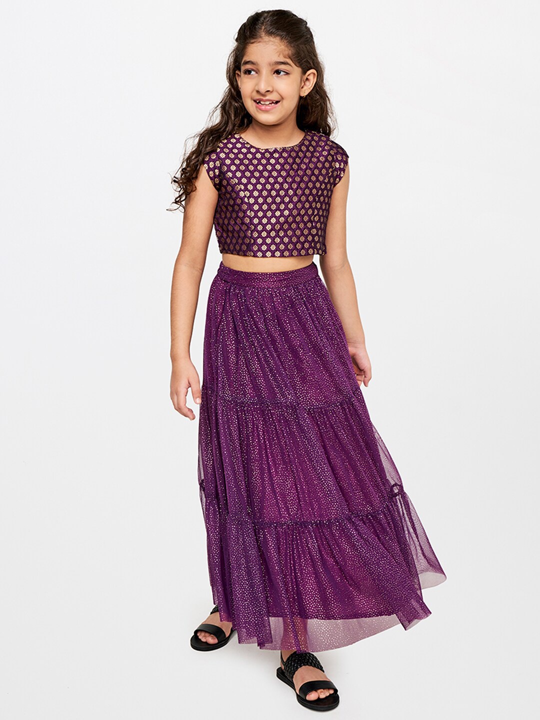 

Global Desi Girls Purple & Gold-Toned Embellished Top with Skirt