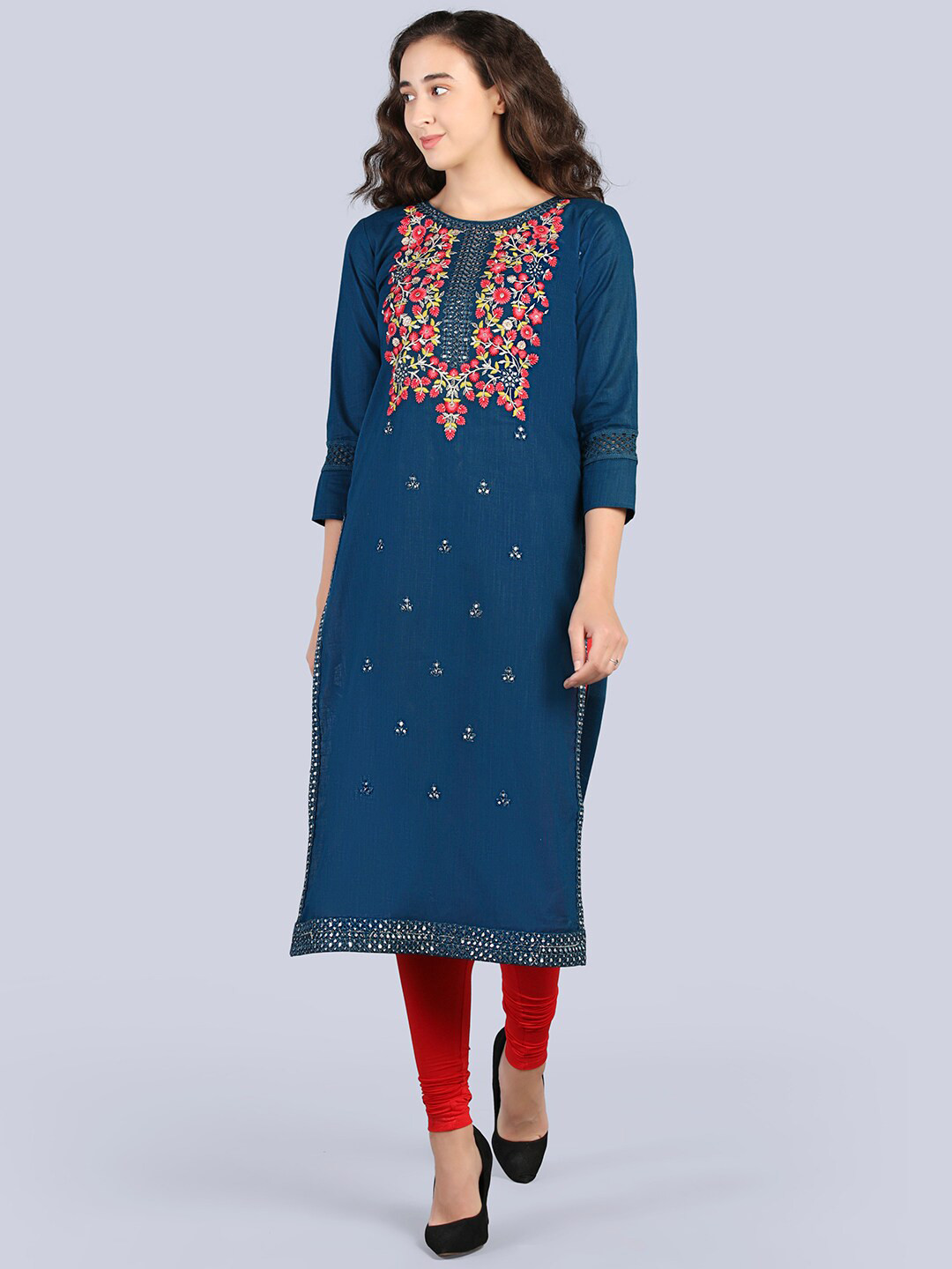 

Pakiza Women Blue Geometric Embroidered Thread Work Handloom Kurta