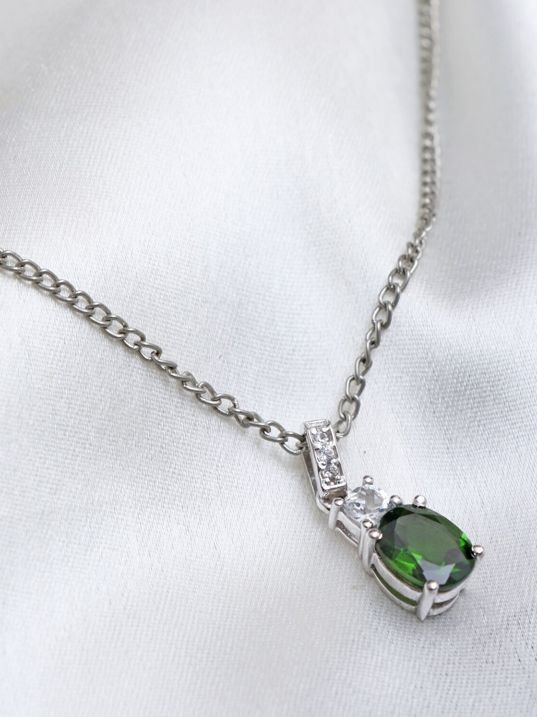 

HIFLYER JEWELS Rhodium-Plated Silver-Toned White & Green Stone-Studded Pendant With Chain