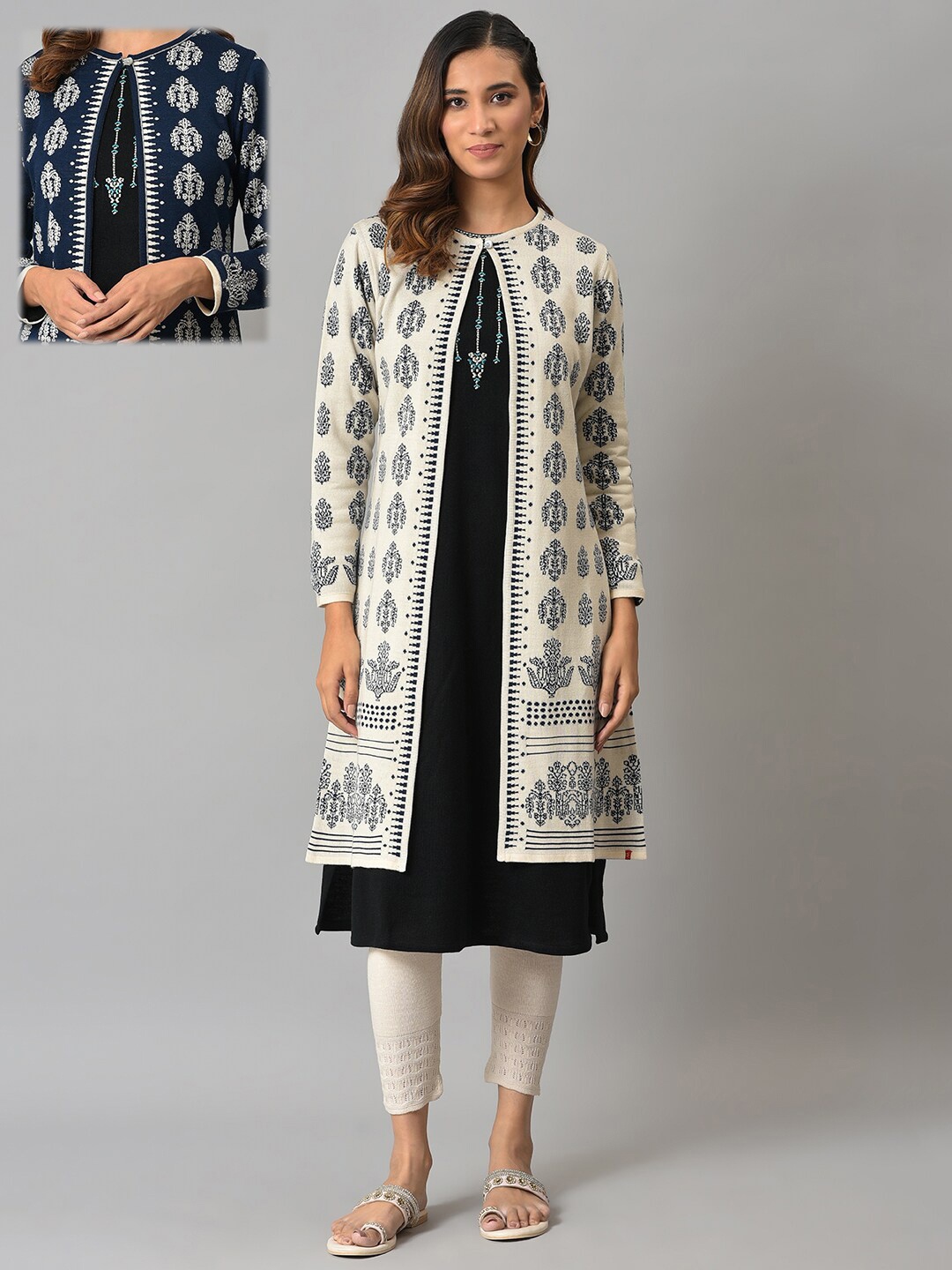 

W Women White & Navy Blue Pack Of 2 Floral Printed Longline Cardigan Sweater
