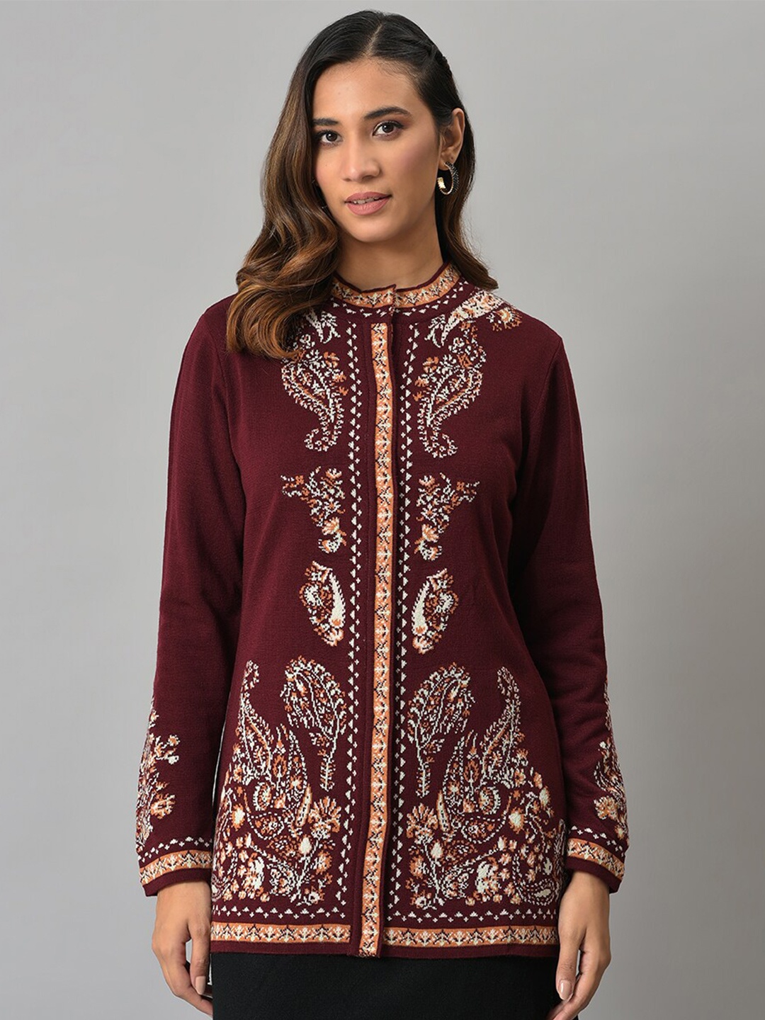 

W Women Maroon Embroidered Longline Cardigan