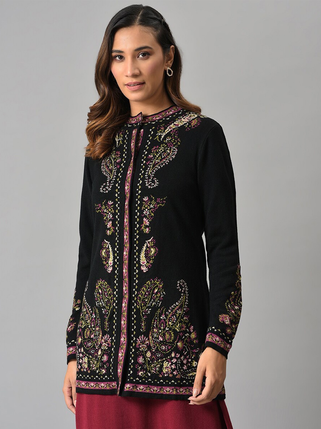 

W Women Black & Green Longline Cardigan