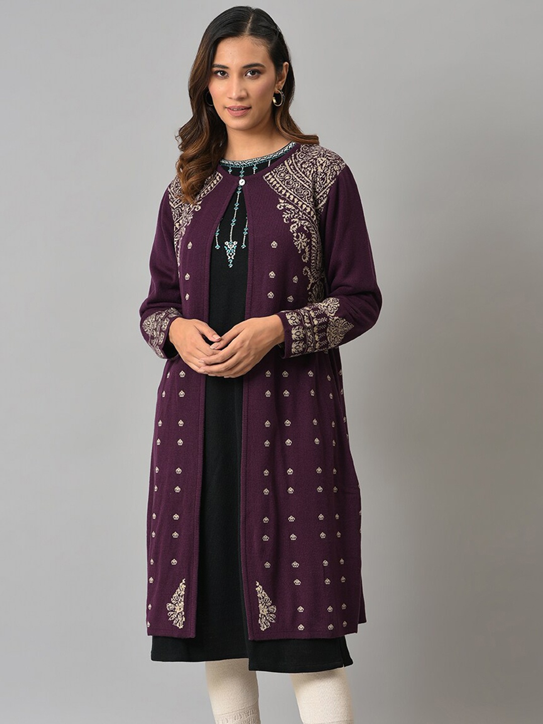 

W Women Purple & Beige Longline Sweater