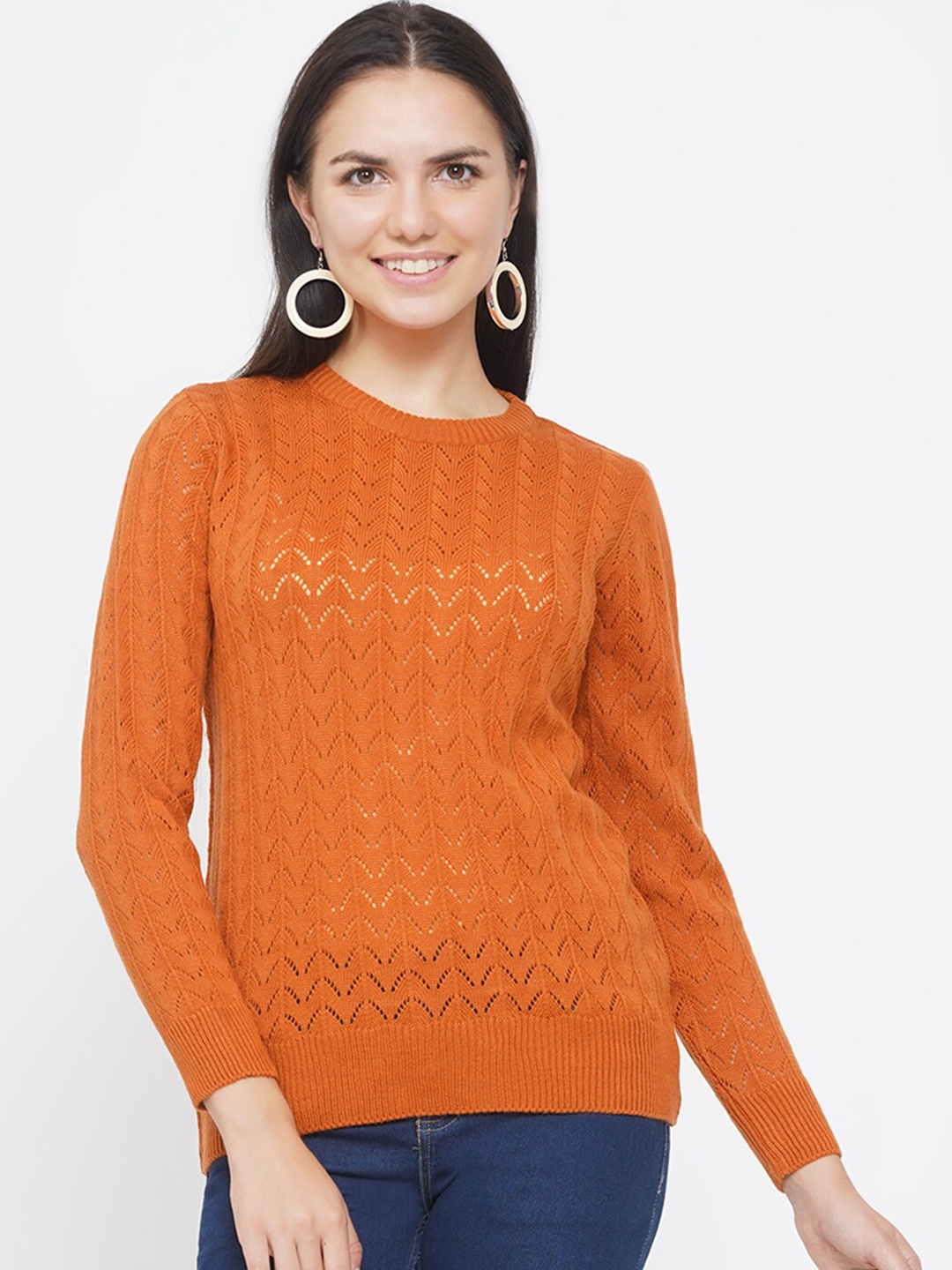 

FABNEST Women Orange Cable Knit Pullover