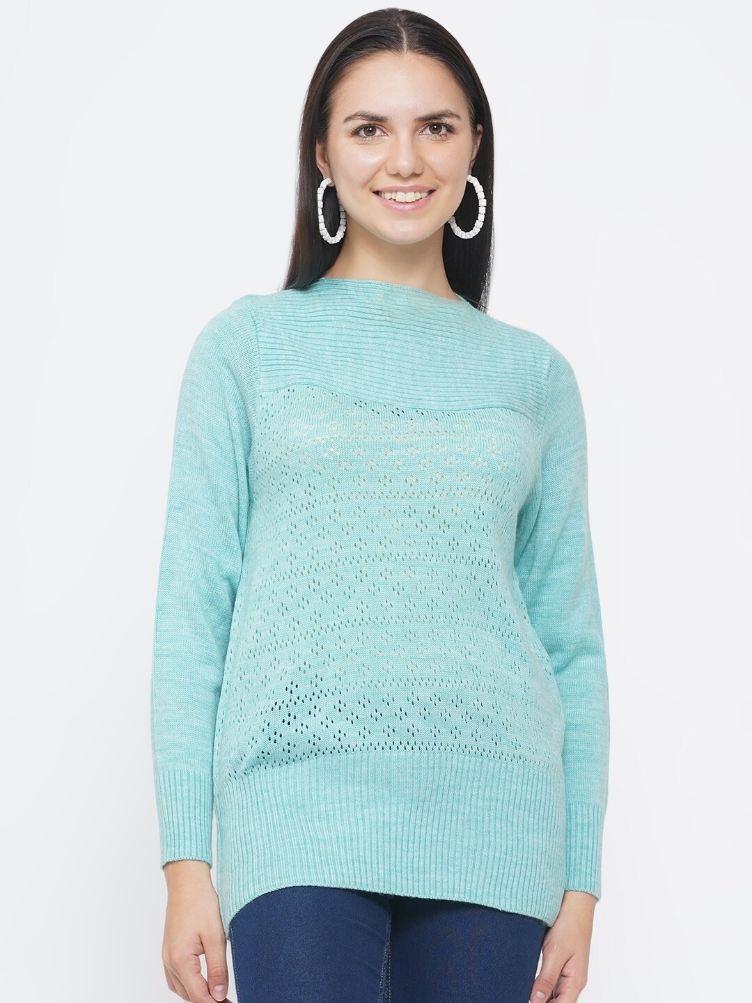 

FABNEST Women Blue Cable Knit Longline Pullover