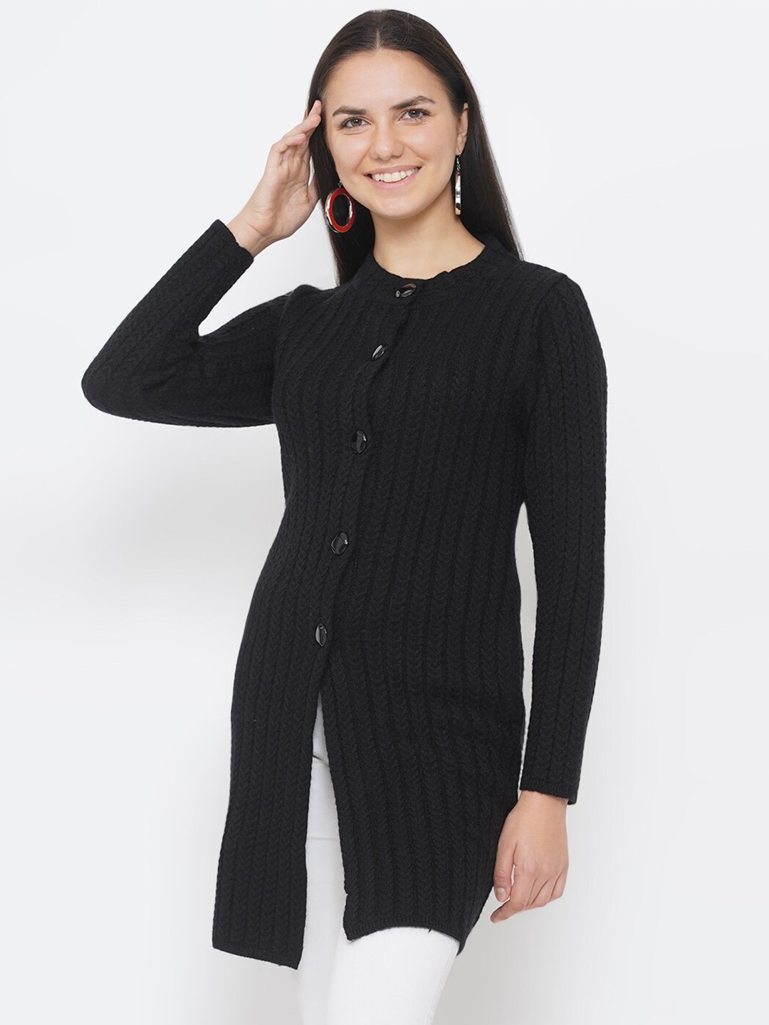 

FABNEST Women Black Acrylic Cable Knit Longline Cardigan
