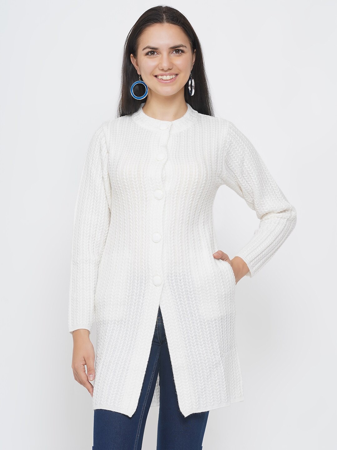 

FABNEST Women White Cable Knit Cardigan