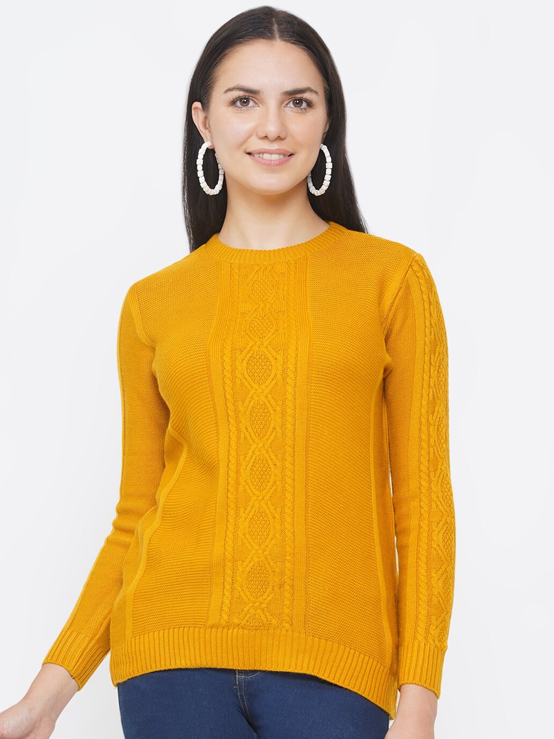

FABNEST Women Mustard Cable Knit Acrylic Pullover Sweater