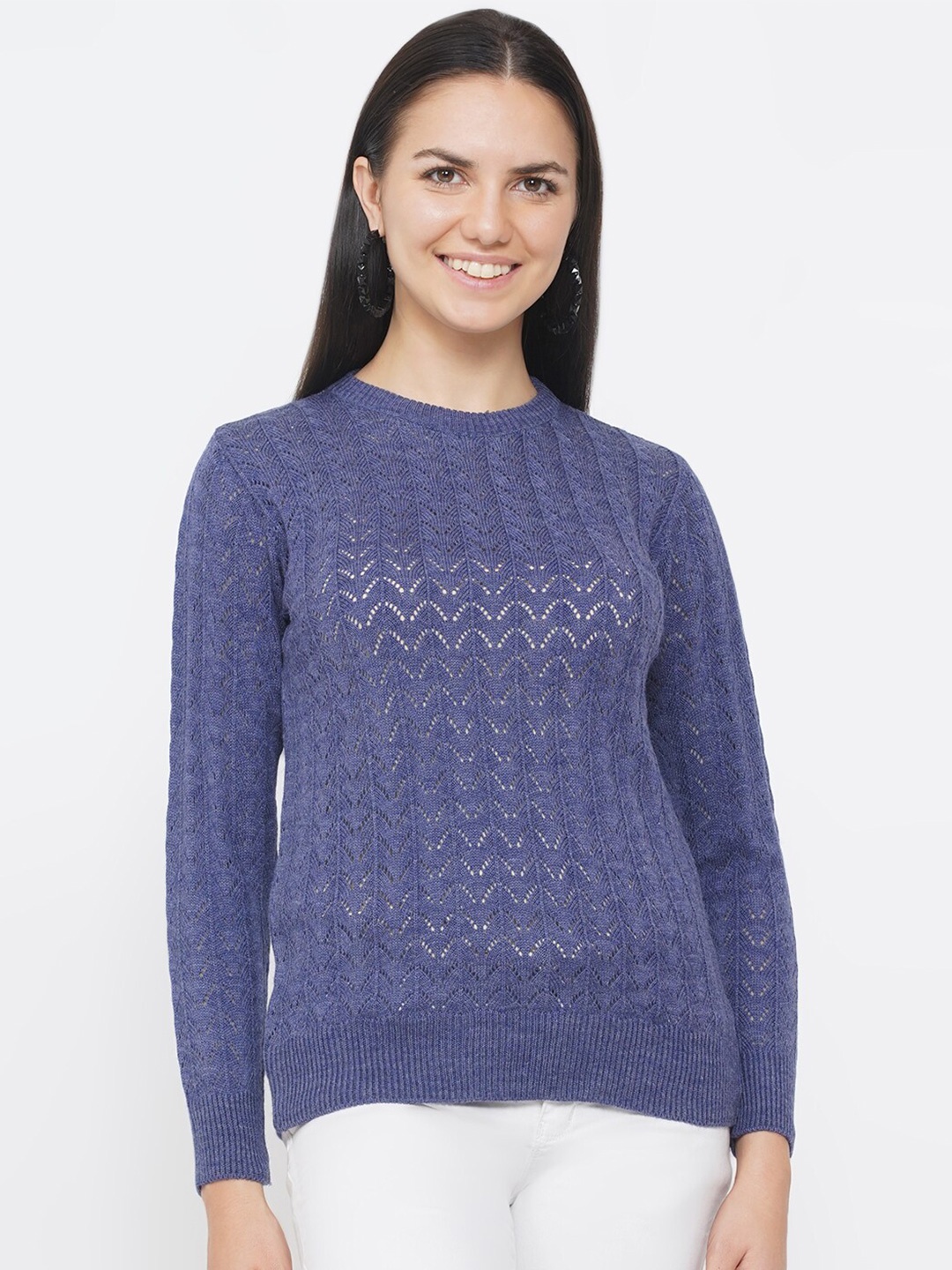 

FABNEST Women Blue Self Design Acrylic Cable Knit Pullover