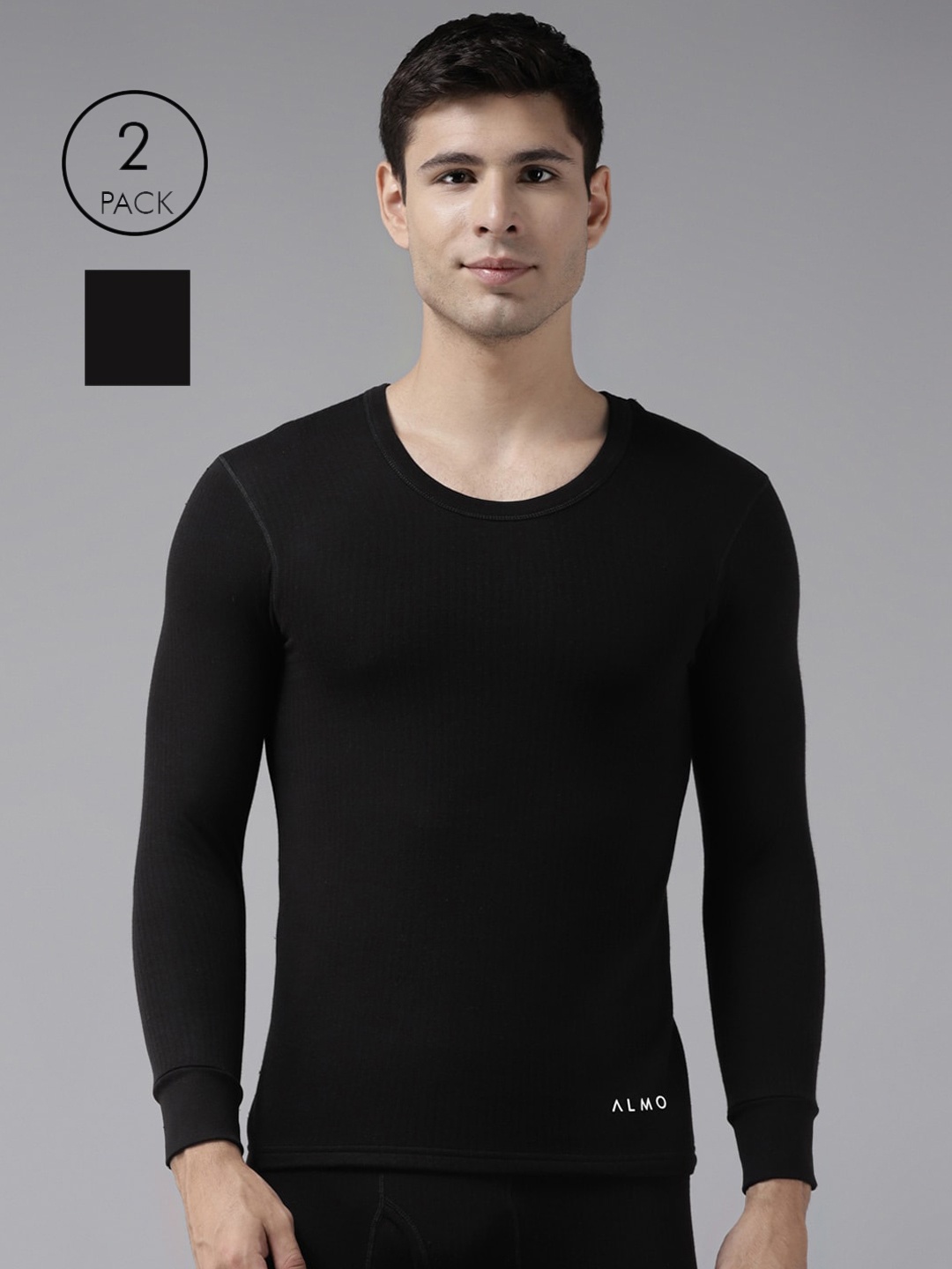 

Almo Wear Pack Of 2 Men Black Solid Lightweight Anti-pilling Heat Retention Thermal Top