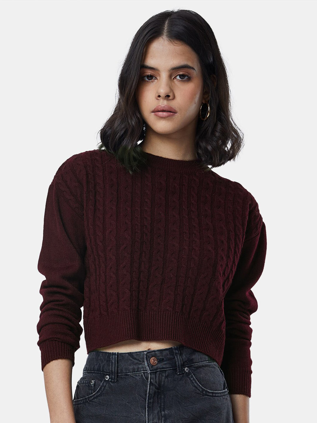 

The Souled Store Women Maroon Cable Knit Cotton Crop Sweater