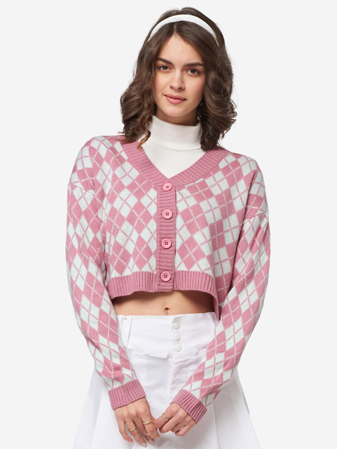 

The Souled Store Women Pink & White Pure Cotton Checked Crop Cardigan