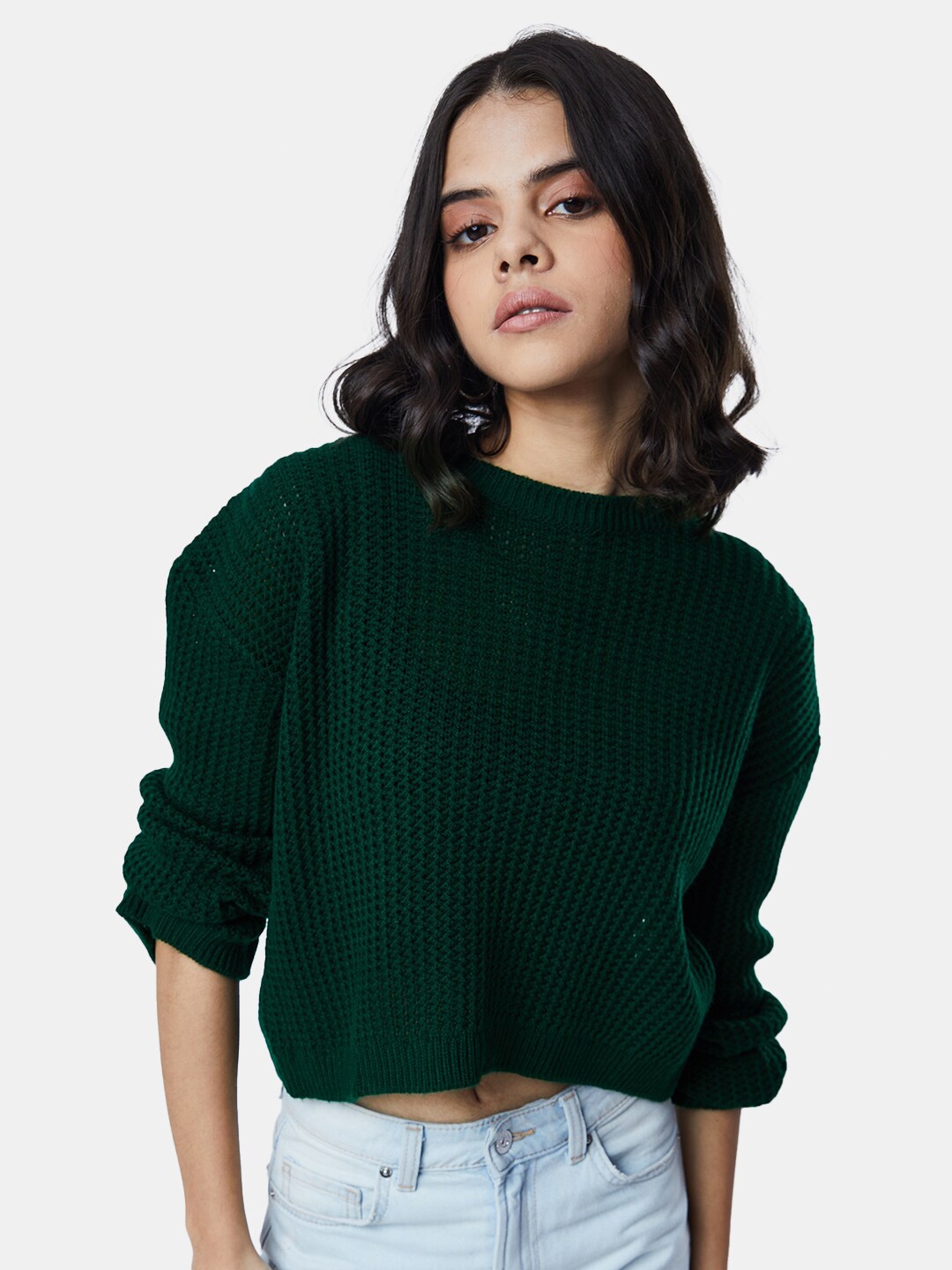 

The Souled Store Women Green Crop Cotton Pullover