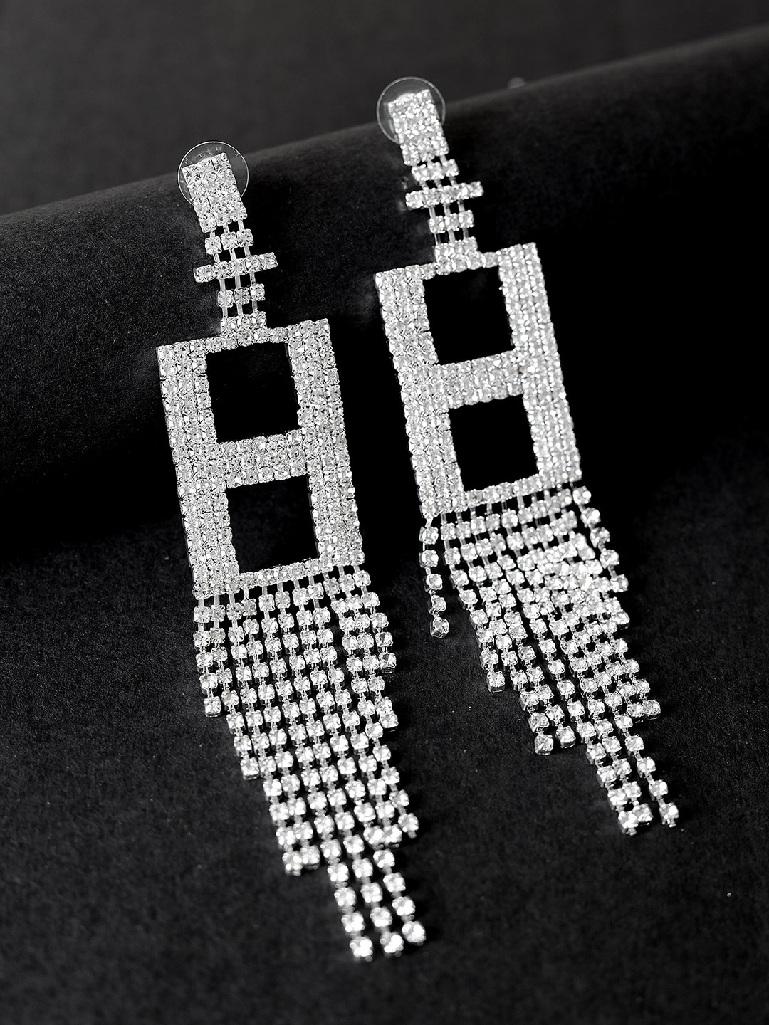 

Kazo Silver-Toned Contemporary Rhinestone Tassels Drop Earrings
