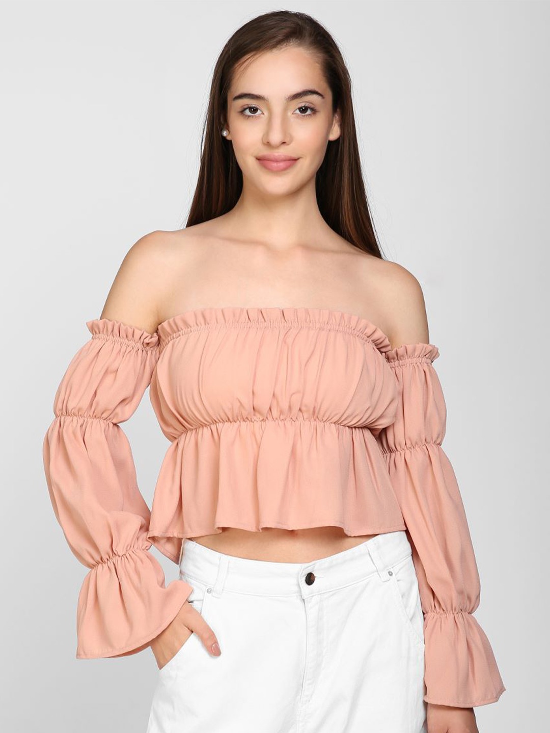 

I Love She Peach-Coloured Off-Shoulder Bardot Crop Top