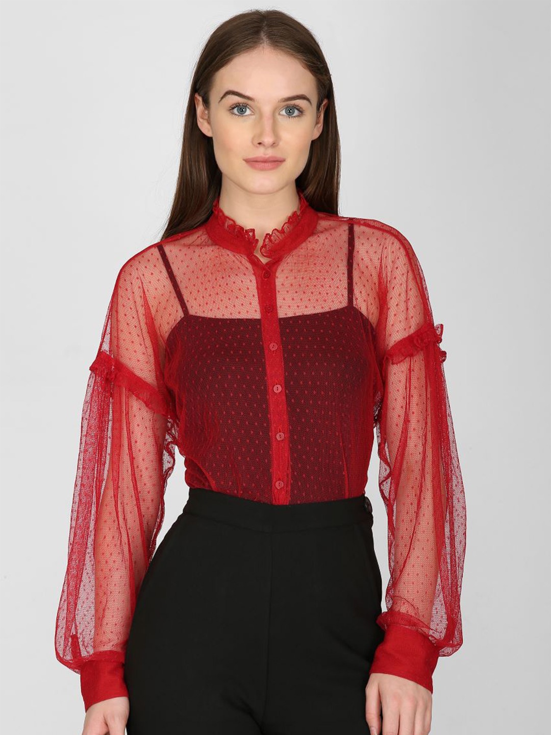 

I Love She Women Red Mandarin Collar Bishop Sleeves Shirt Style Top