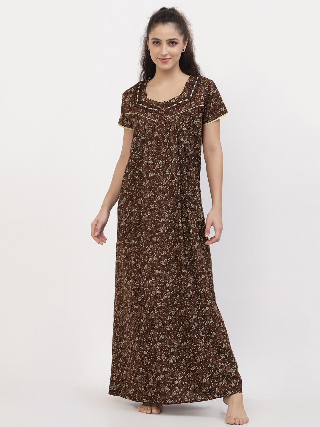 

Sweet Dreams Women Brown Floral Printed Maxi Nightdress
