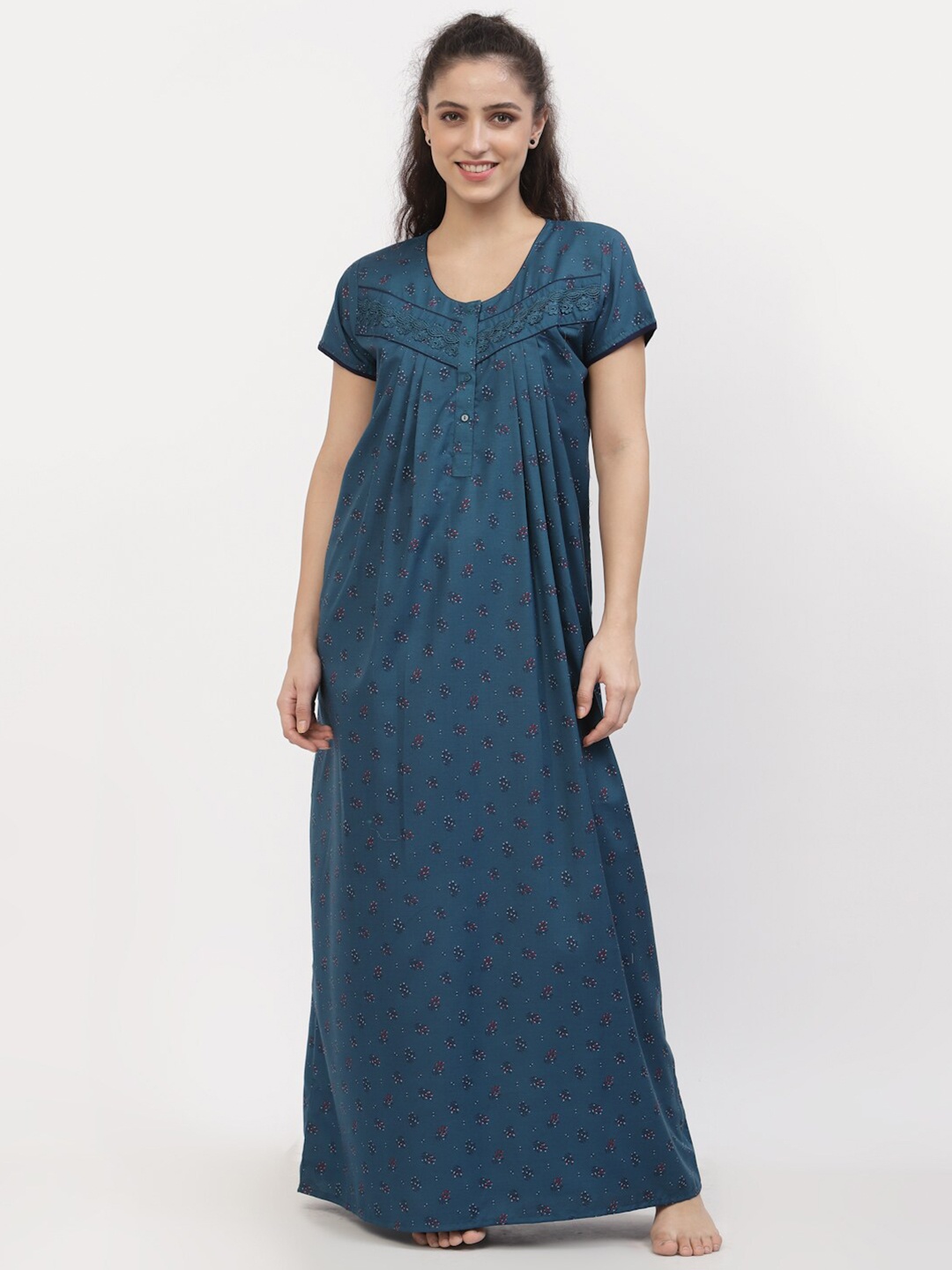 

Sweet Dreams Women Blue Printed Maxi Nightdress AKN-2454