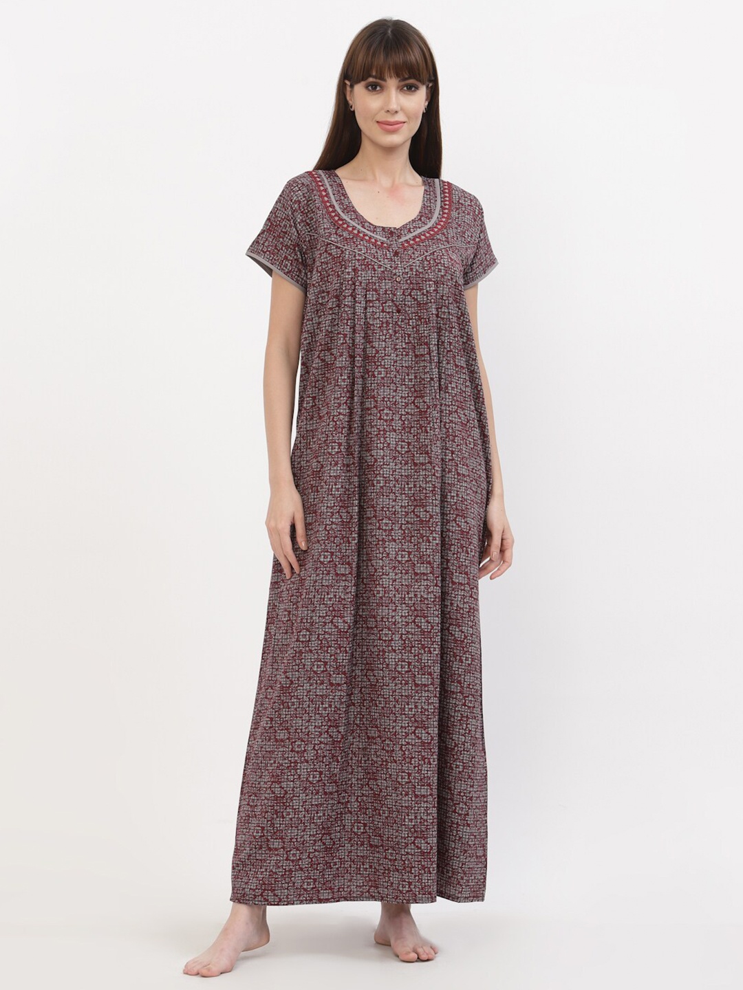 

Sweet Dreams Maroon Printed Maxi Nightdress