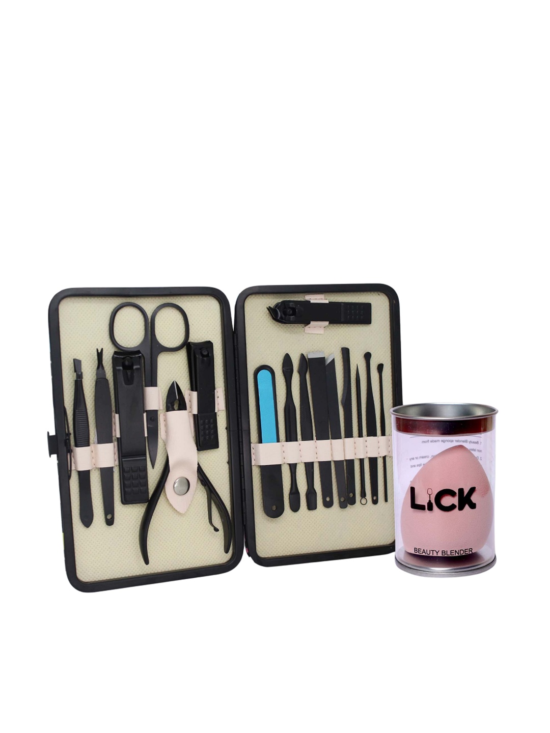 

LICK Set of 16-in-1 Manicure Pedicure Kit - Black & 1 Meadow Beauty Blender - Rose