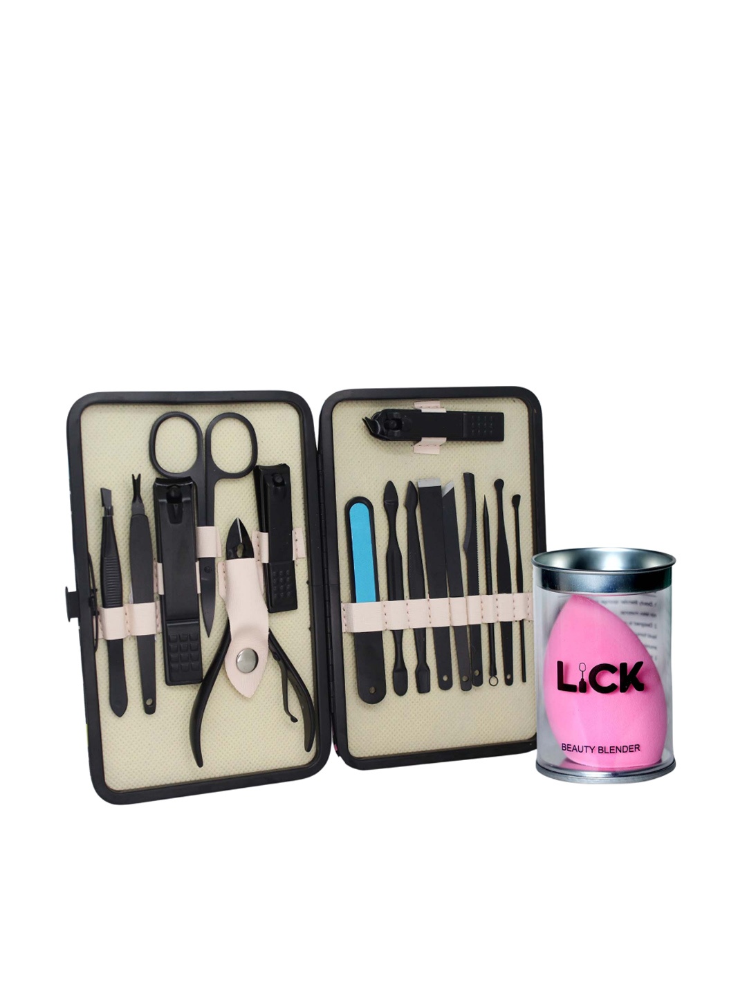 

LICK Set of 16-in-1 Manicure Pedicure Kit - Black & 1 Beauty Blender - Pink