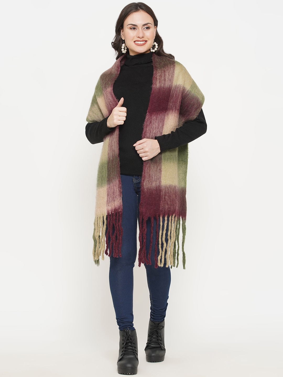 

FABNEST Women Maroon & Green Checked Scarf