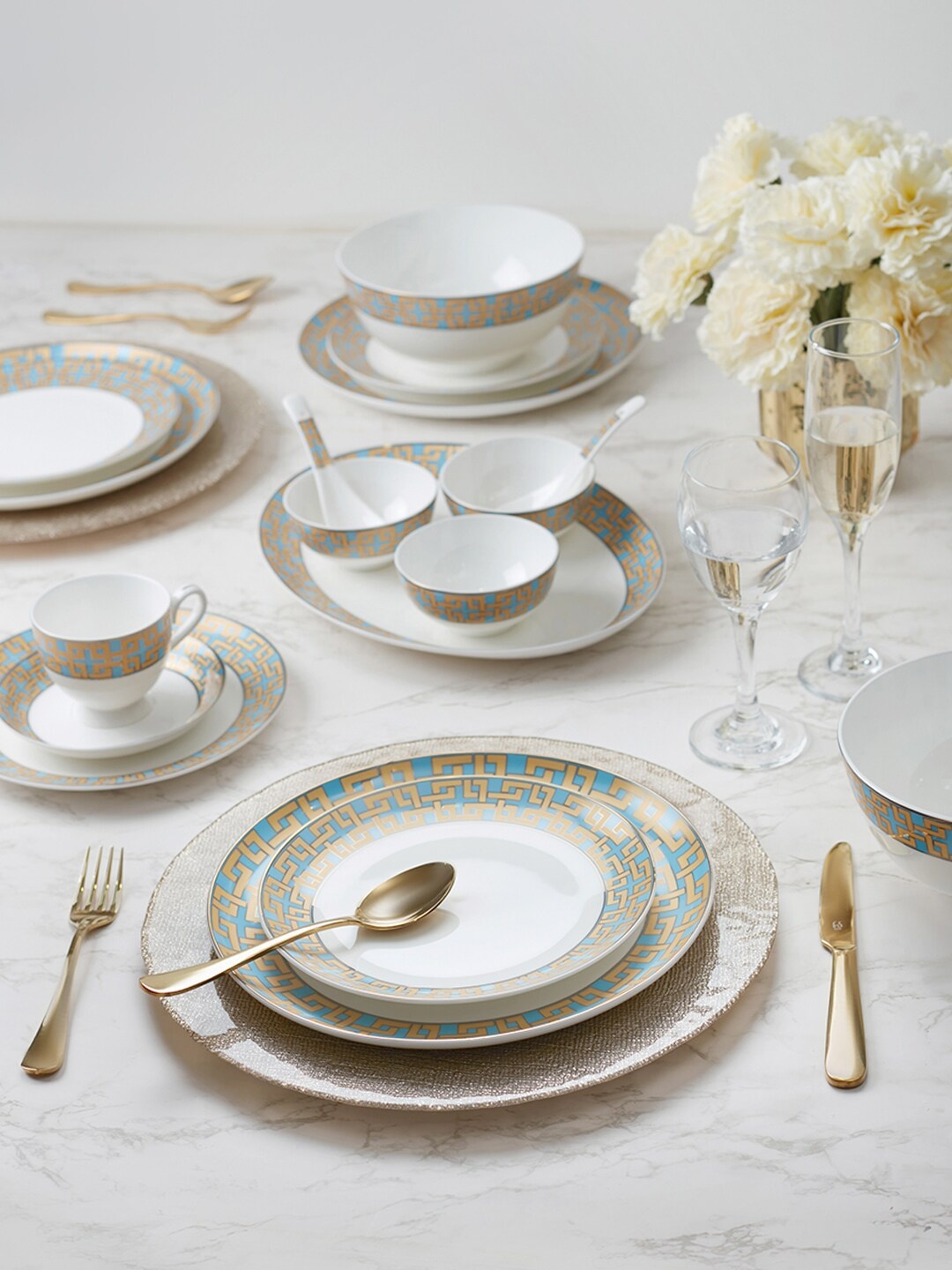 

HomeTown Gold-Toned & White 33 Pieces of Printed Bone China Glossy Dinner Set