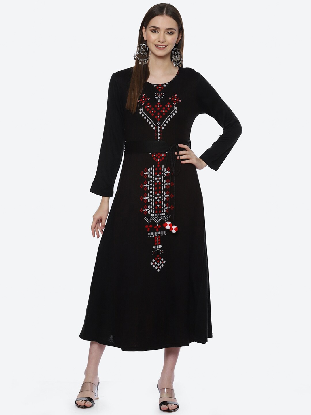 

Rangriti Women Black & Red Embroidered Cotton A-Line Midi Dress