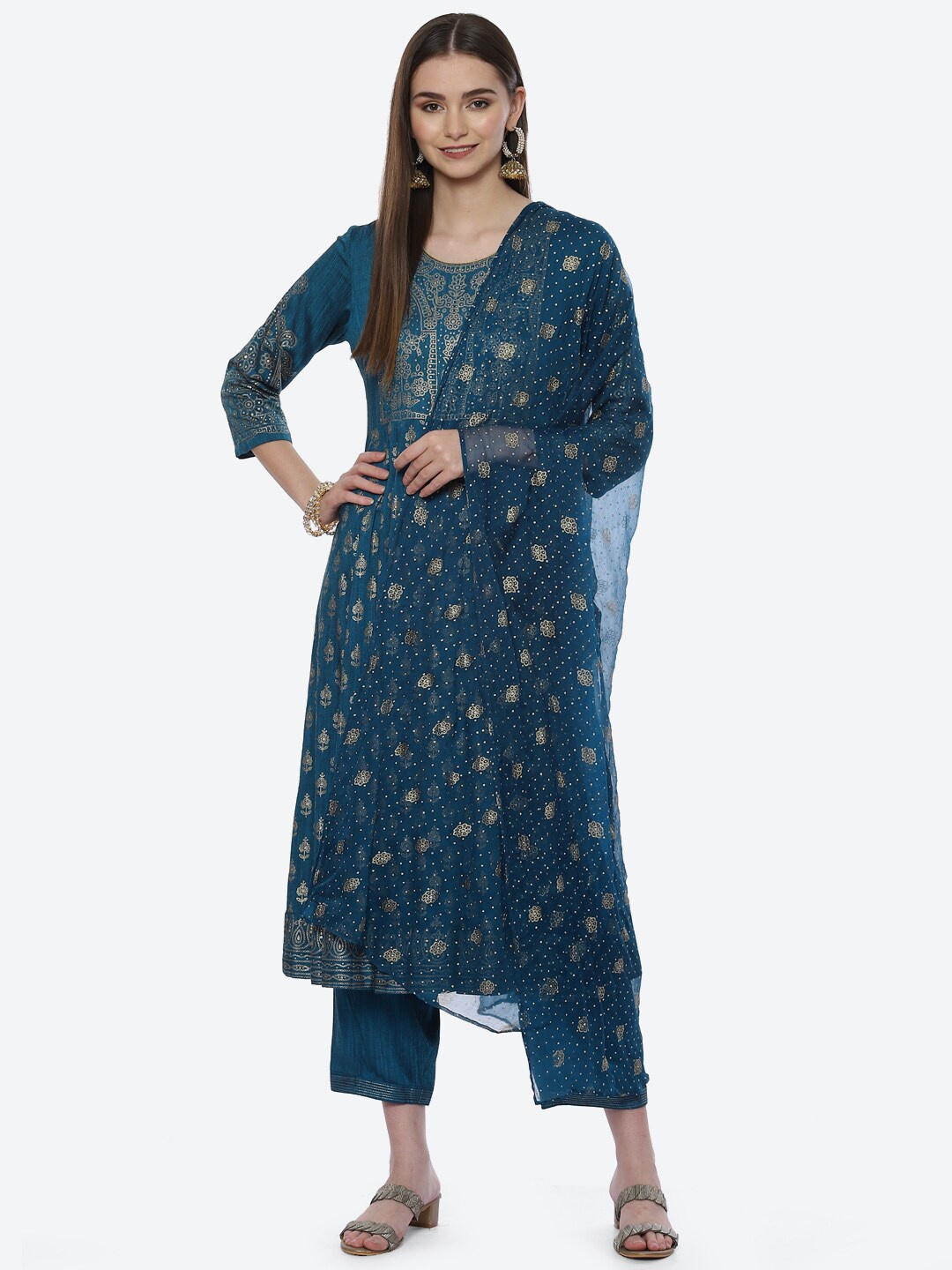 

Rangriti Women Teal Embroidered Sequinned Kurta with Palazzos & With Dupatta