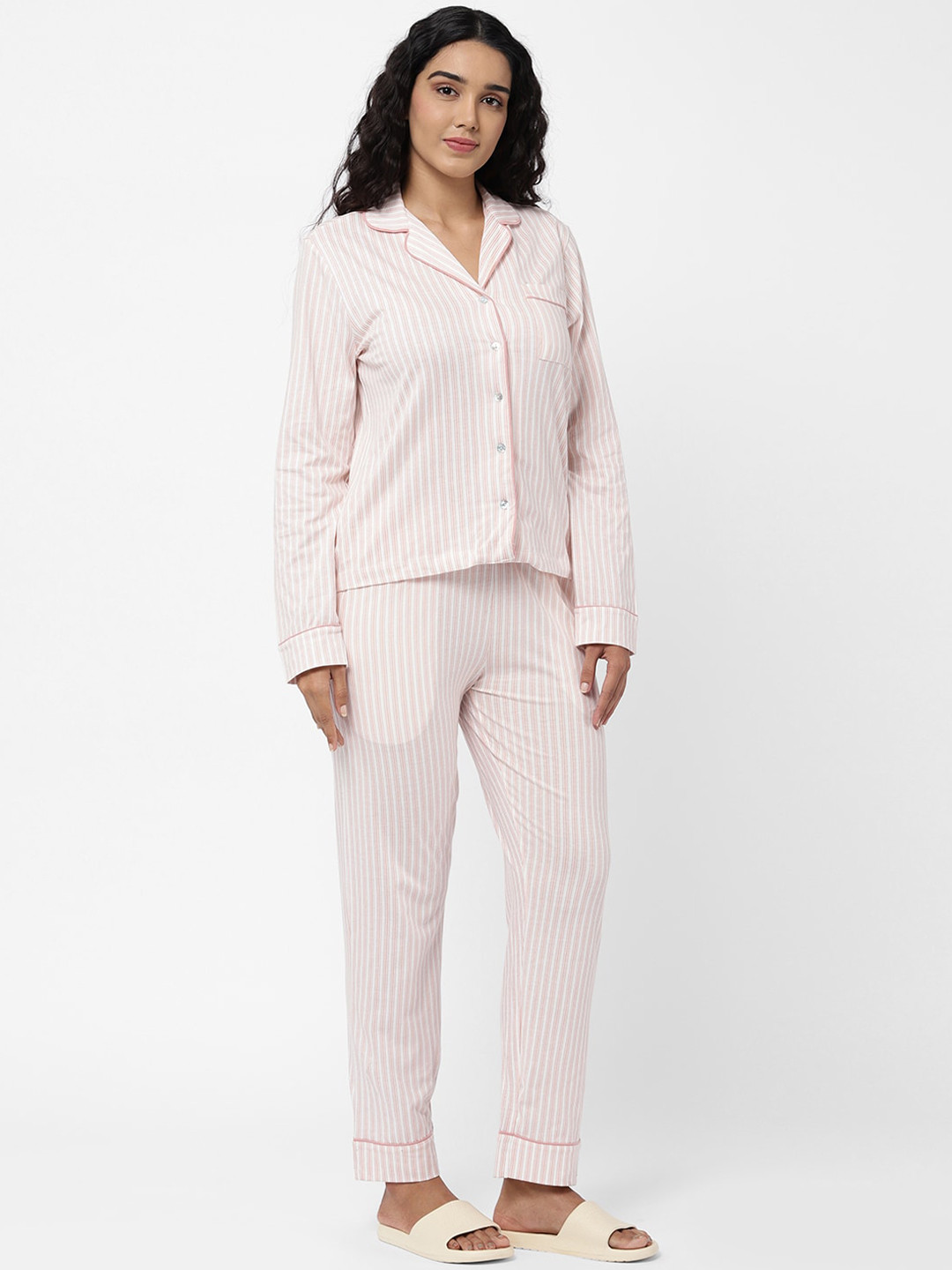 

R&B Women Pink & White Striped Pure Cotton Night suit