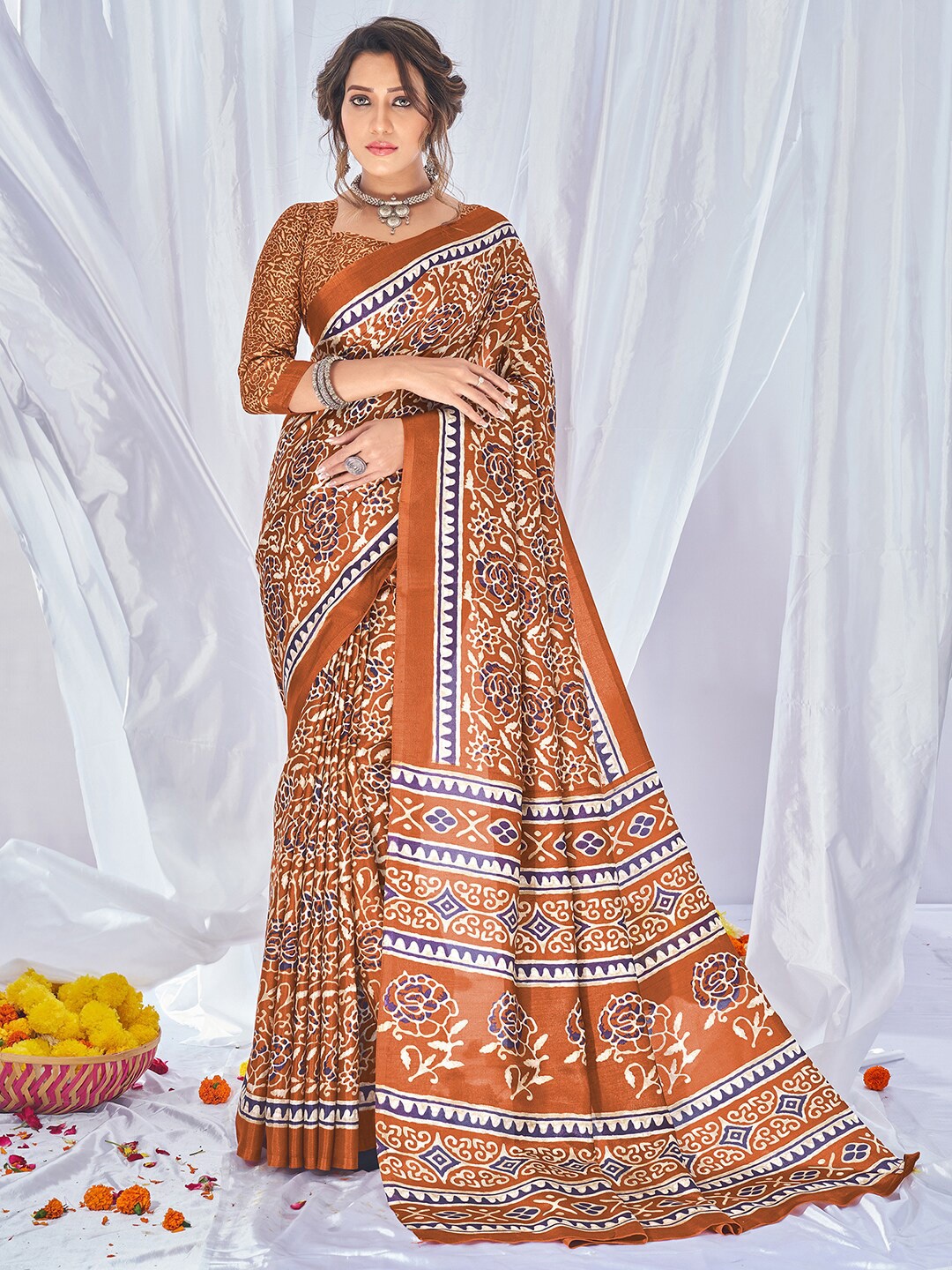 

Mitera Rust Ethnic Motifs Dola Silk Printed Saree