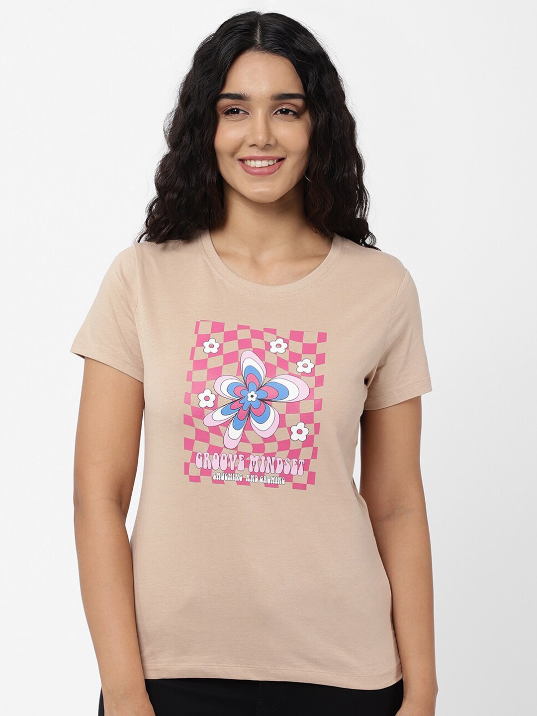 

R&B Women Beige & Pink Floral Printed T-shirt