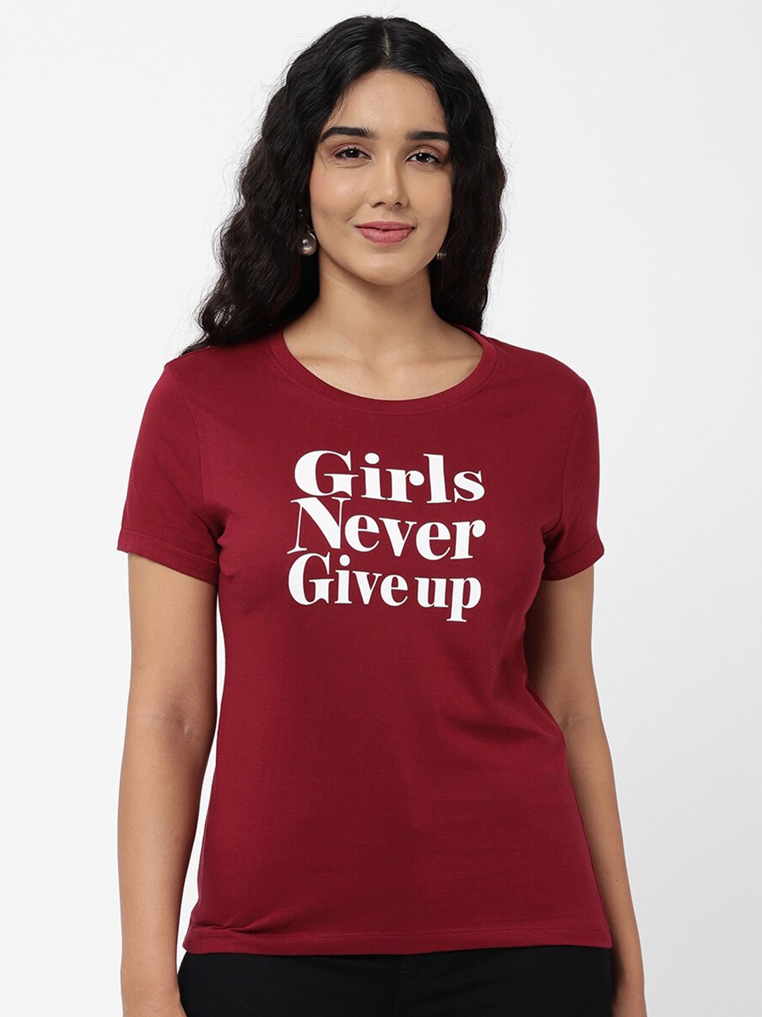 

R&B Women Burgundy Typography Printed T-shirt