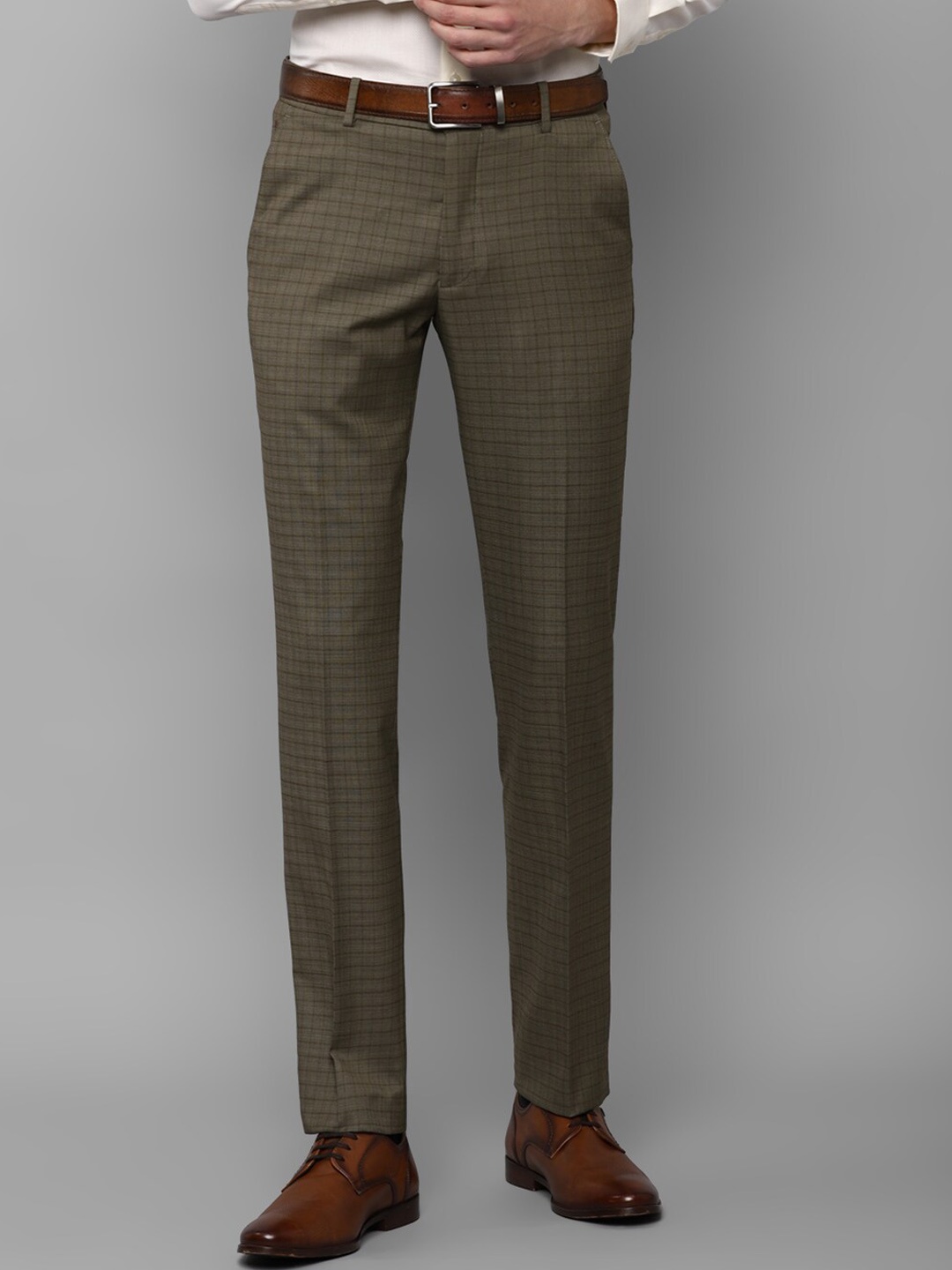 

Louis Philippe Men Olive Green Checked Slim Fit Formal Trousers