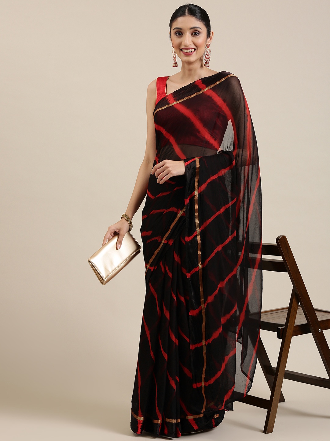 

KALINI Black & Red Leheriya Print Saree