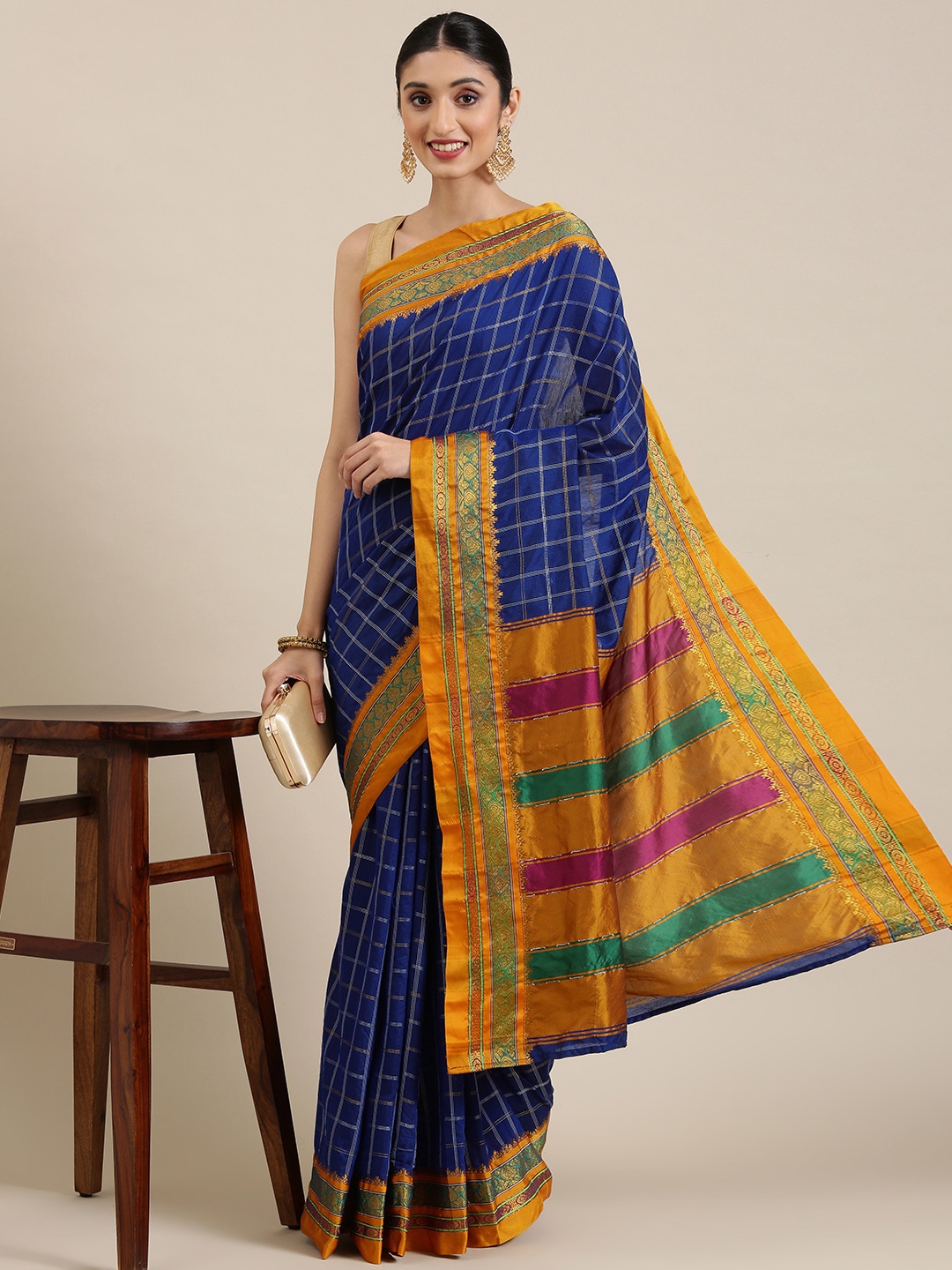 

KALINI Navy Blue & Mustard Checked Silk Cotton Uppada Saree