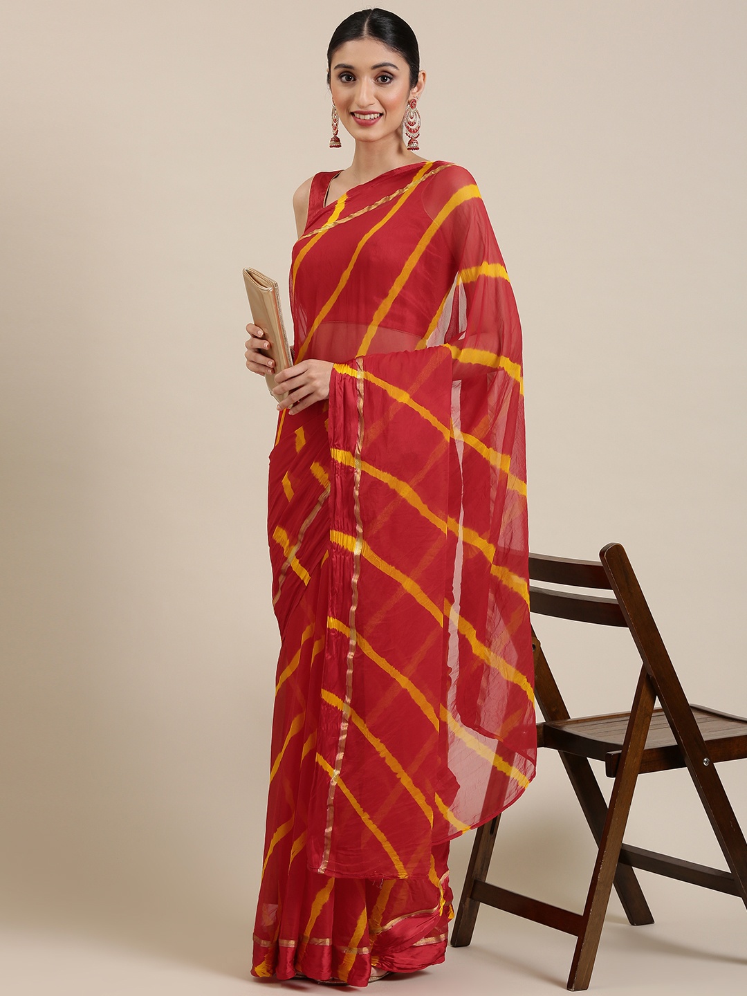 

KALINI Red & Yellow Leheriya Print Saree