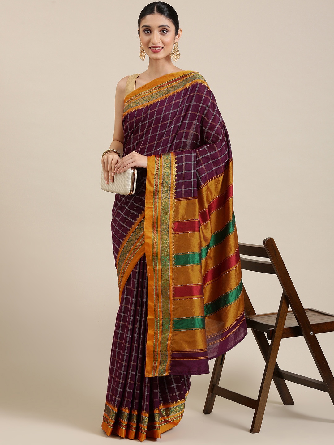 

KALINI Burgundy & Mustard Checked Silk Cotton Uppada Saree