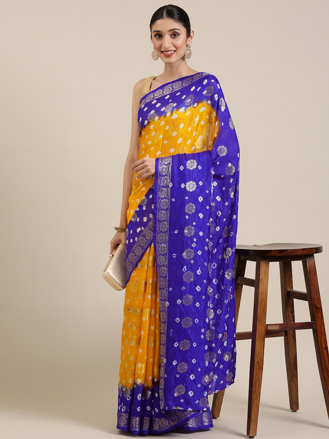 

KALINI Yellow & Purple Bandhani Art Silk Bandhani Saree