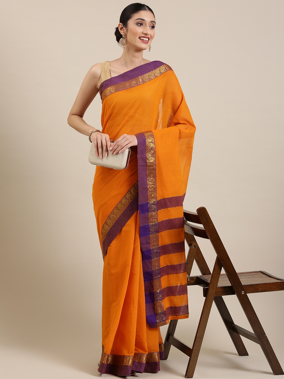 

KALINI Orange Pure Cotton Mangalagiri Saree