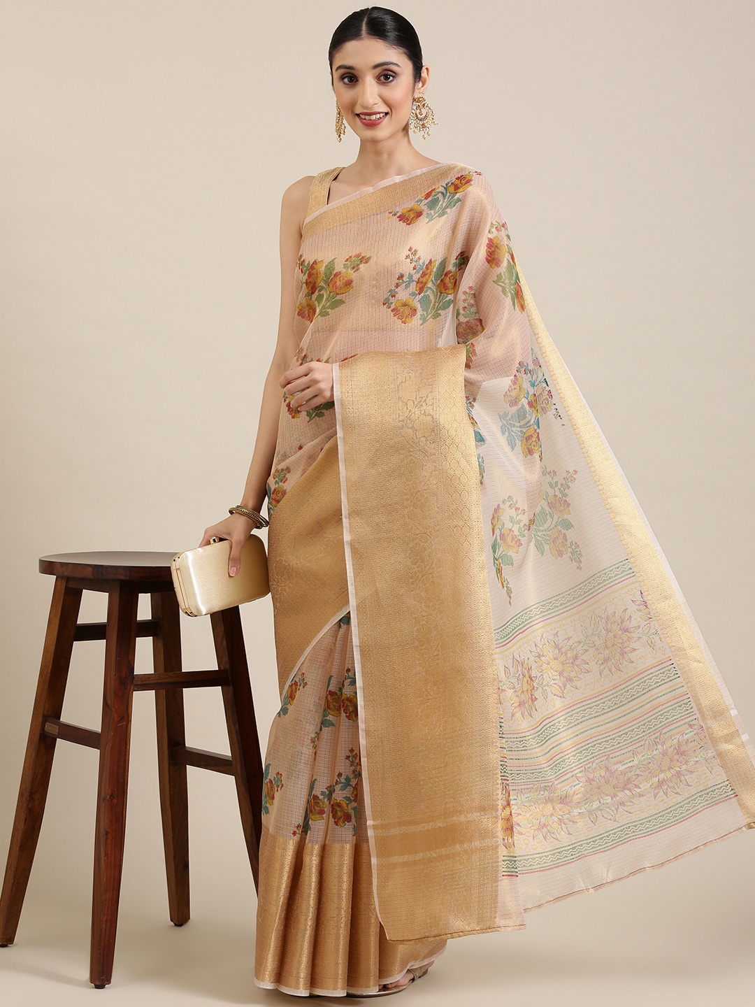 

KALINI Beige Floral Jute Cotton Kota Saree