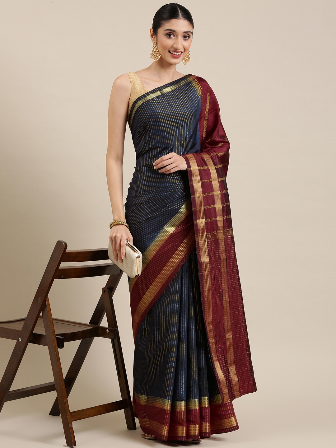 

KALINI Navy Blue Striped Banarasi Saree