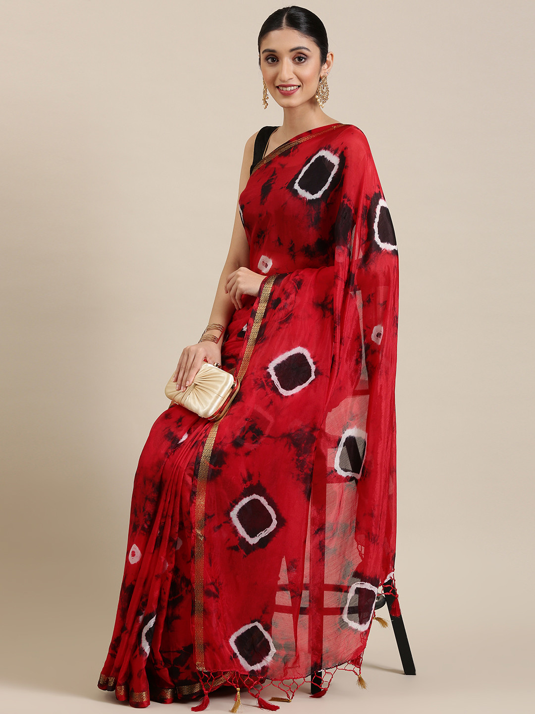 

KALINI Red & Black Bandhani Art Silk Saree
