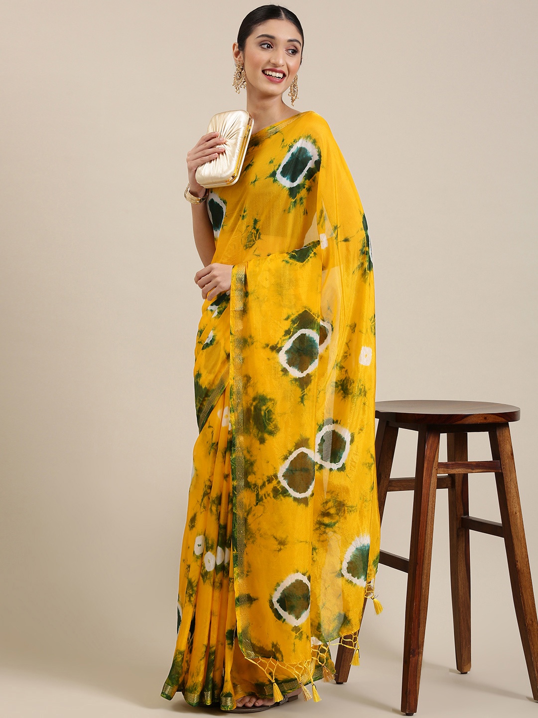 

KALINI Yellow & Green Bandhani Art Silk Saree