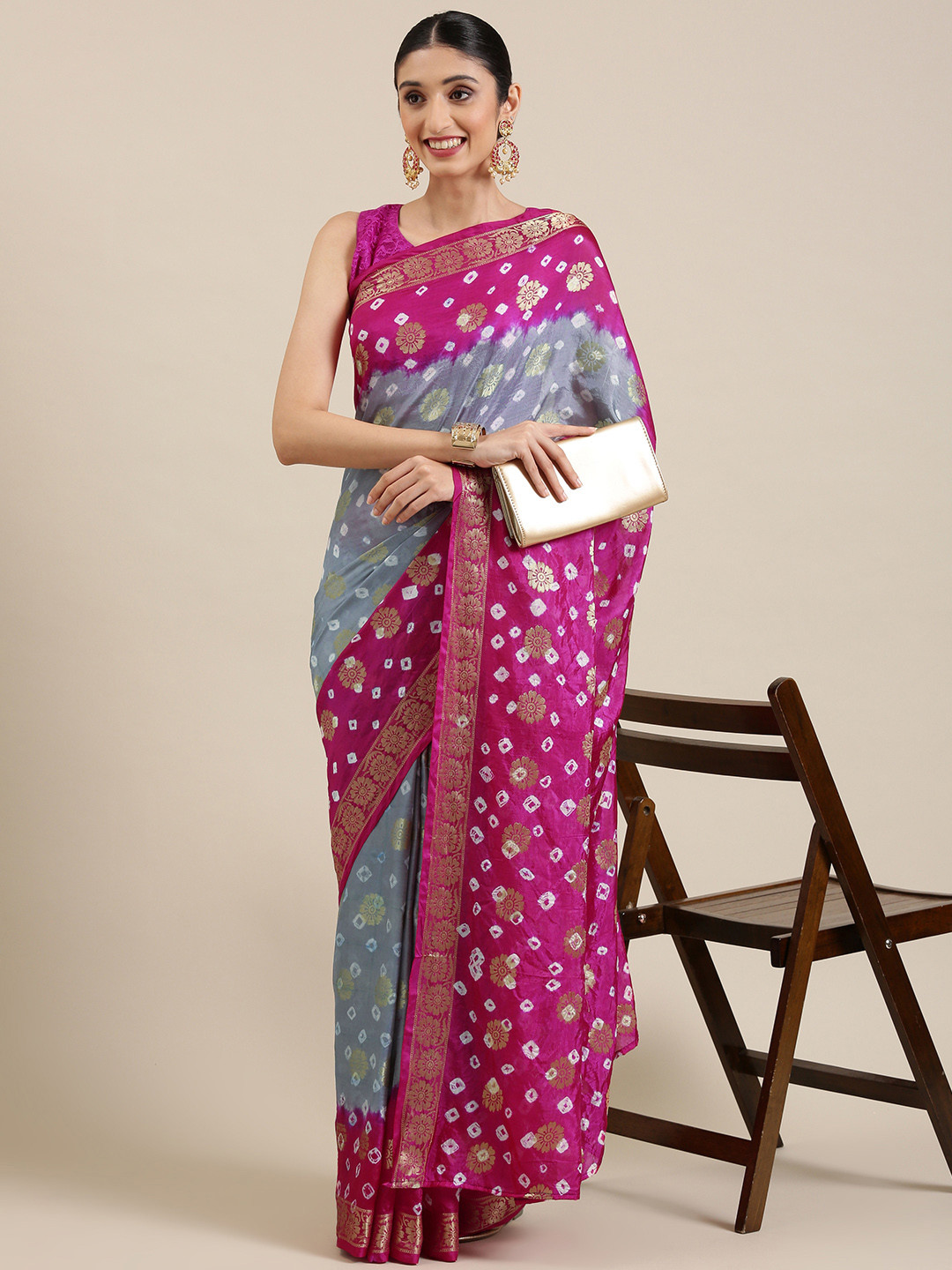 

KALINI Grey & Pink Bandhani Art Silk Saree